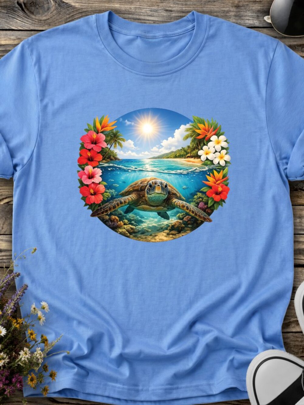 Sea Turtle Graphic Tee Adult Nature Ocean Tropical Floral Summer Beach Tshirt